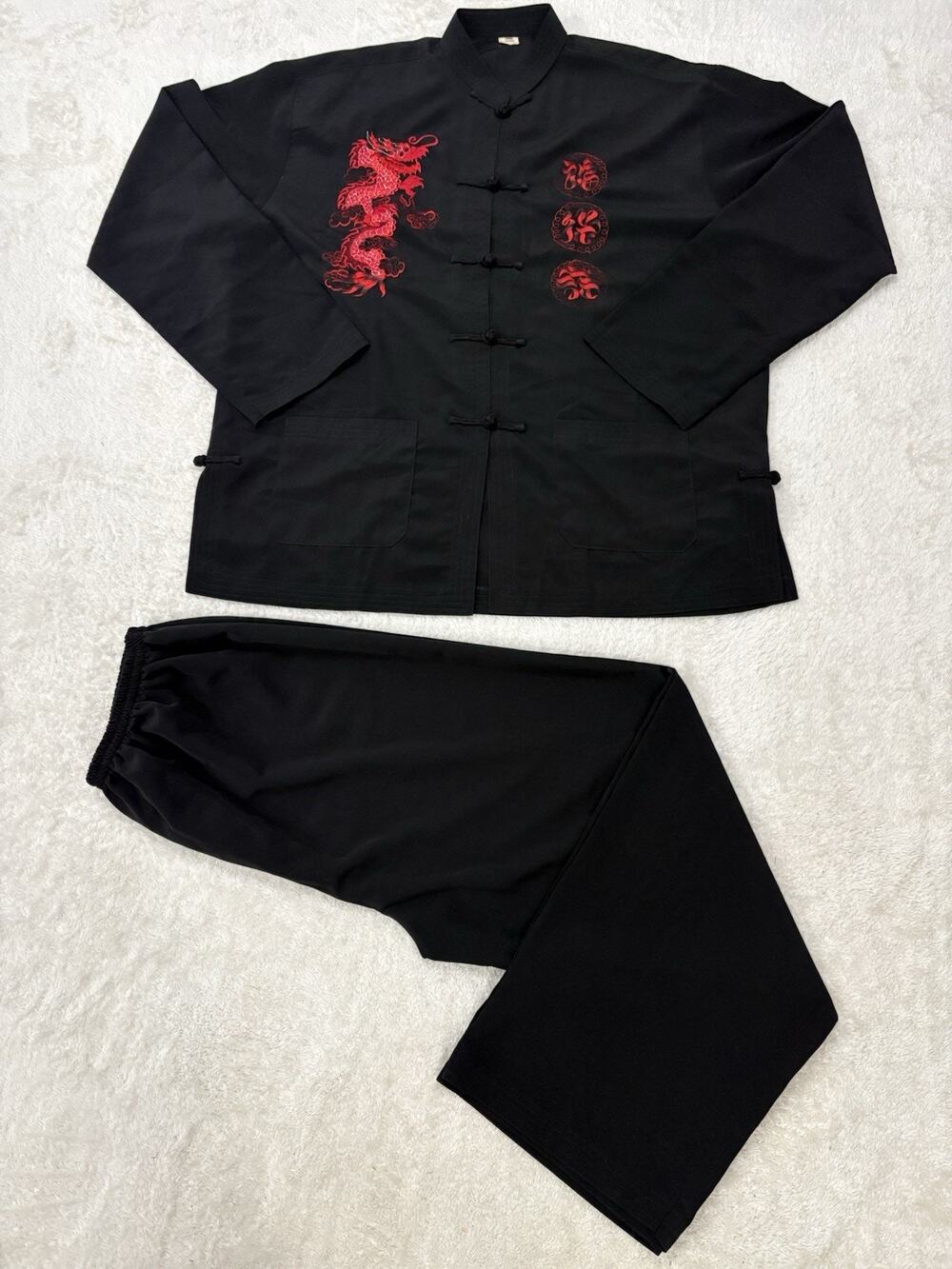Mens 2XL Vintage 100% Silk Black Red Embroidered Dragon Chinese Kung Fu Suit